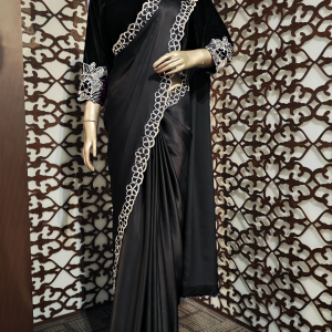 Black Satin Saree With Silver Handwork